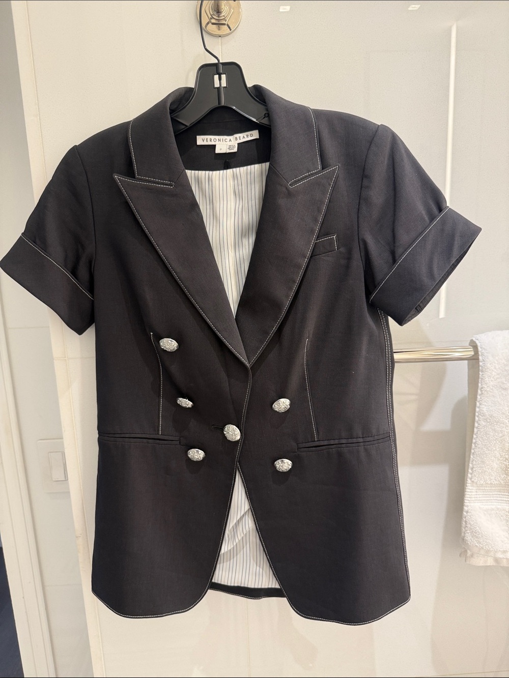 Veronica Beard Black Short-Sleeve Double-Breasted Blazer with Contrast Stitching